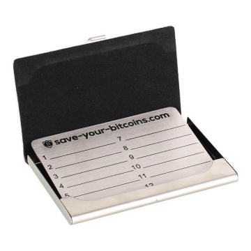 Placa metálica con lápiz grabador Hardwarware wallet seed phrase